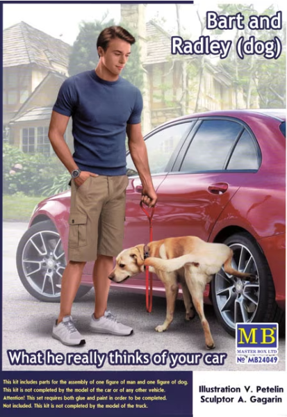 MB24049 What he really thinks of your car. Bart and Radley (dog)