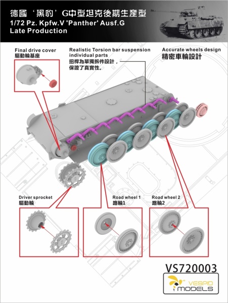 VS720003 1/72 Pz.Kpfw.V ‘Panther’Ausf.G Late Production Metal barrel + 3D print muzzle brake